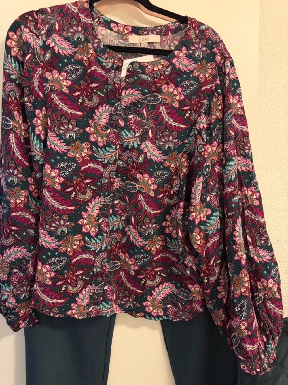 LOFT Teal Floral-Paisley Button Front Blouse